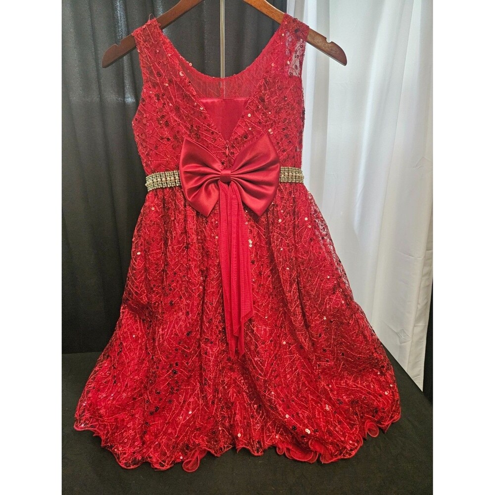 American Princess girls sz 10 Red Formal gown sequine lace, rhinestone, bow